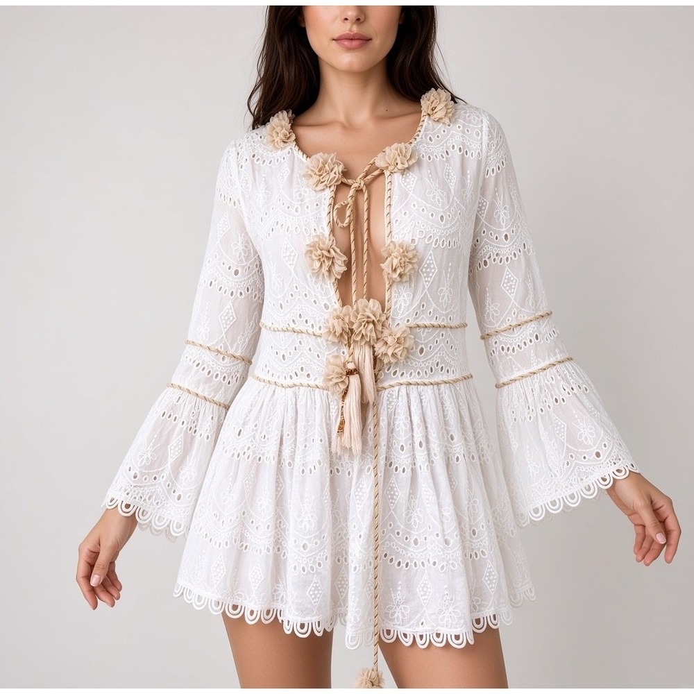 Chloe Caetitia Mini Dress Cassia Floral Applique White Womens S/M
